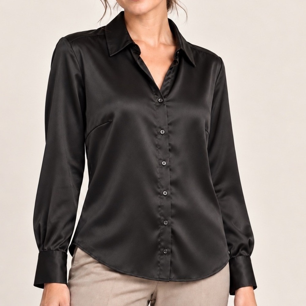 Banana Republic Womens Satin Button Down Shirt Size M Black Classic Fit Blouse